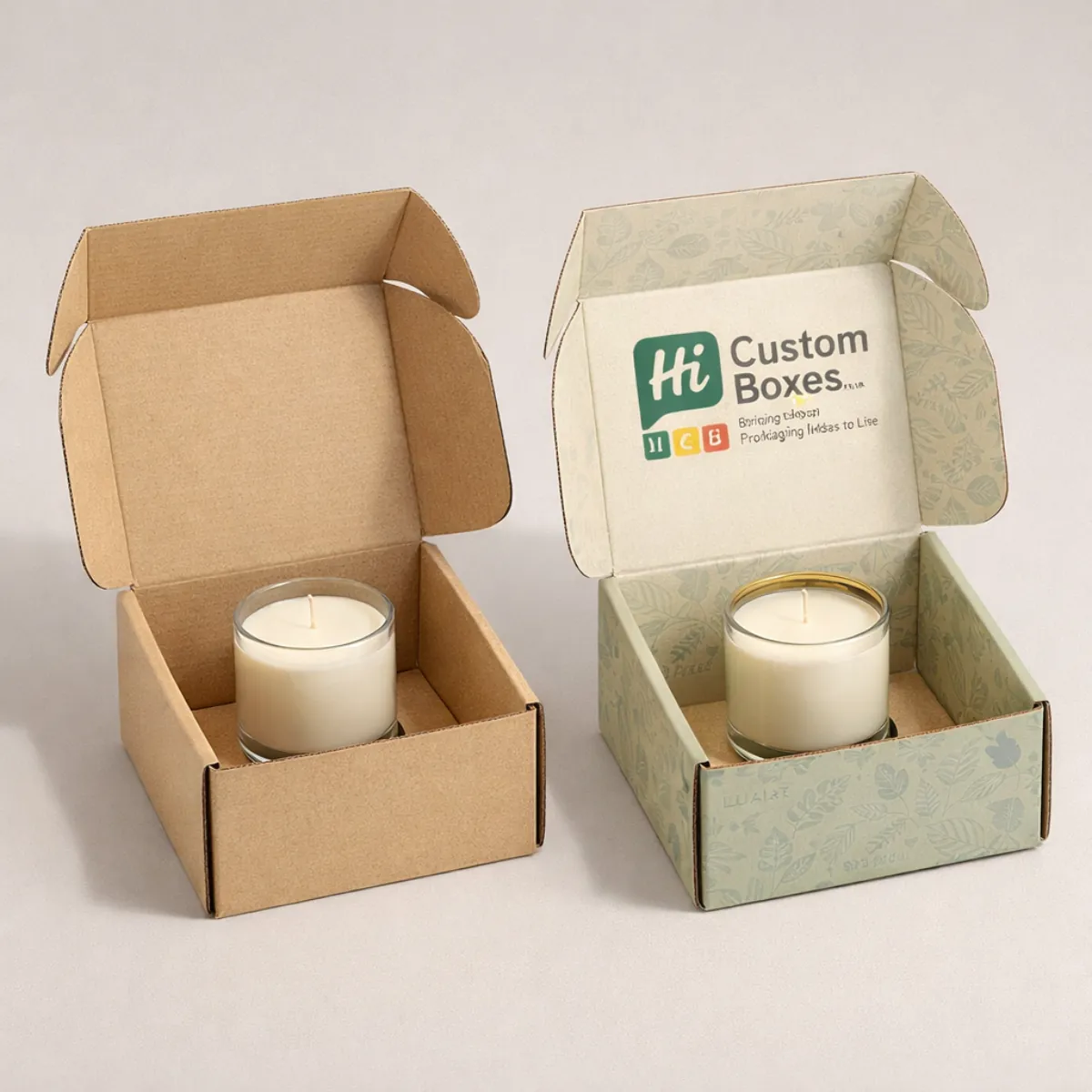 Corrugated cardboard postal boxes with interior floral prints, securely holding small glass aromatherapy soy candles. class=